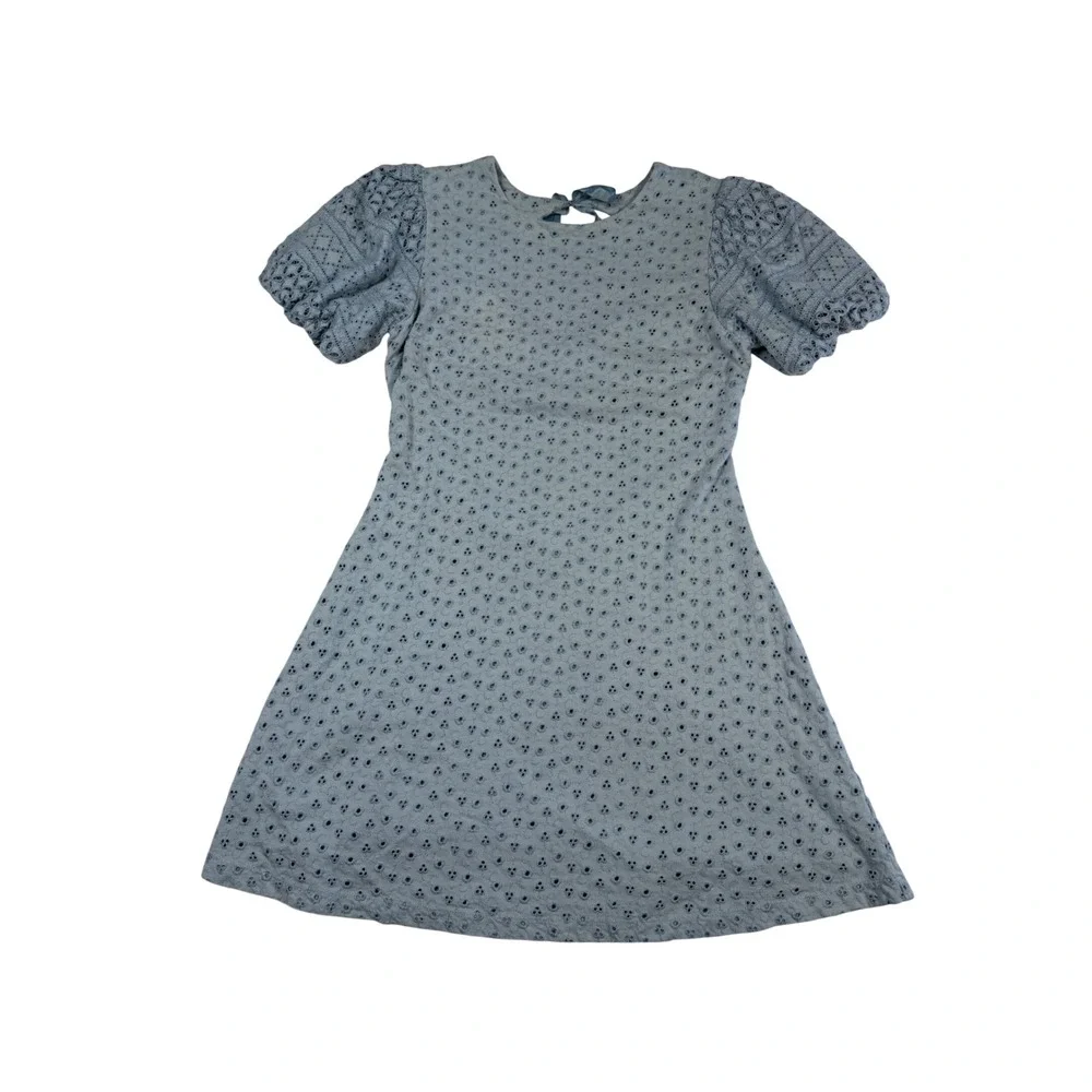 Free People Light Blue Eyelet Puff Sleeve Open Back Mini Dress Large